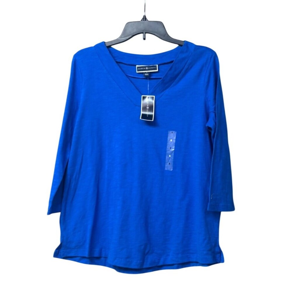 Karen Scott V-Neck 3/4-Sleeve Cotton Top,  Vibrant Blue, Sz. S